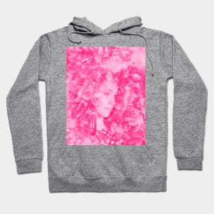 Beautiful girl, near the flowers. Pink, beautiful. Hoodie